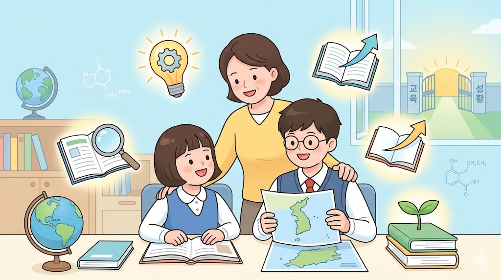 가정에서 엄마와 함께 밝은 표정으로 책과 지도를 보며 공부하는 초등학생과 중학생, 그리고 이를 따뜻하게 바라보는 엄마의 모습을 담은 교육 일러스트. 배경에는 학습 의욕을 고취하는 반짝이는 교육 아이콘들이 떠 있습니다.
