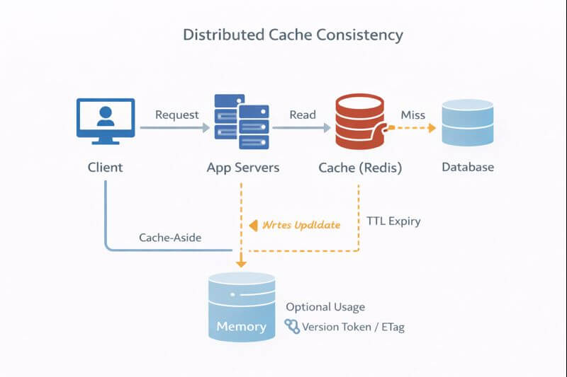 전산학 분산 환경에서 캐시-어사이드 패턴과 캐시 무효화(invalidate), TTL, 버전(ETag) 같은 전략으로 최신 데이터와 캐시 값을 조정하는 흐름 다이어그램