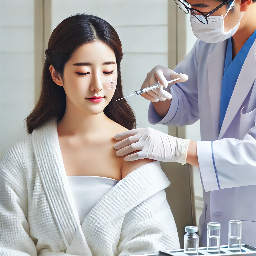 피부과에서 리쥬란 시술을 받는 한국인 여성의 모습