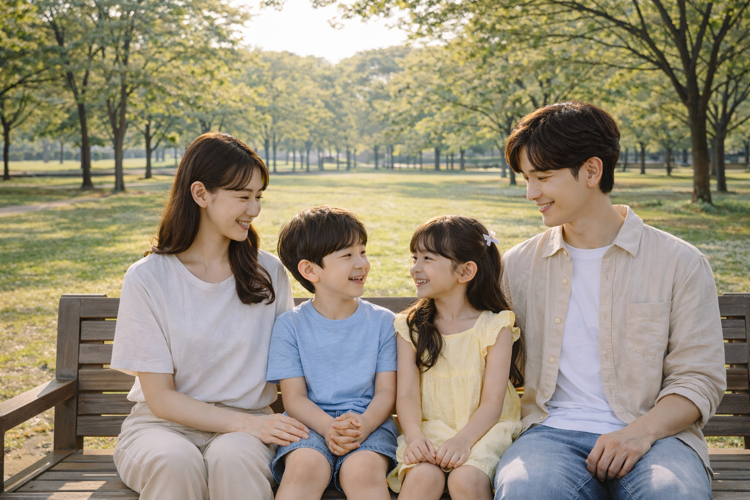 넓은 공원을 배경으로 벤치에 앉아 부모가 두 아이를 가운데 두고 따뜻한 미소로 바라보고 있는 가족의 모습