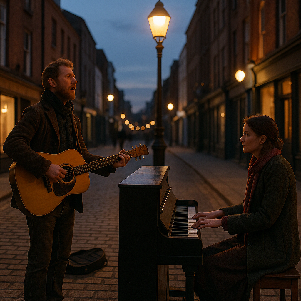거리의 석양 아래서 기타를 연주하는 남자와 피아노를 연주하는 여자가 함께 음악을 만드는 모습. 거리의 조용한 분위기와 따뜻한 조명이 감정을 고요하게 감싼다.