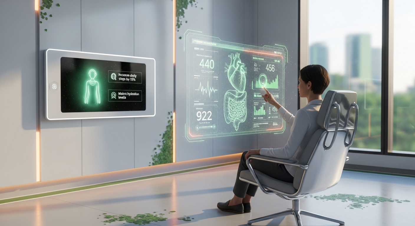 환자가 AI 기반 홀로그램으로 개인 건강을 관리하는 미래 예방 의료 시스템.
