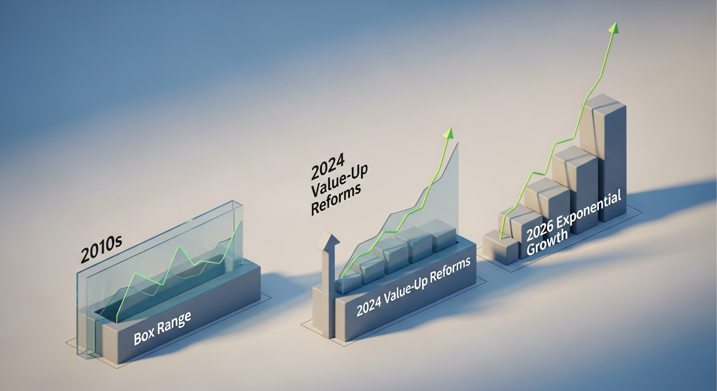 한국 주식 시장의 진화를 보여주는 타임라인 그래픽, 2010년대 박스권, 2024년 밸류업 개혁, 2026년 기하급수적 성장으로 나뉜 세 구역. 미니멀한 3D 아이소메트릭 스타일.