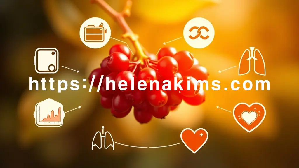 신선한 오미자 열매를 중앙에 배치하고, 그 주변을 감싸는 7개의 아이콘들: 혈압계, 혈당 그래프, 면역 방패, 원활한 혈액 순환을 나타내는 심장과 혈관. 전체적으로 따뜻하고 활력 넘치는 분위기의 이미지.