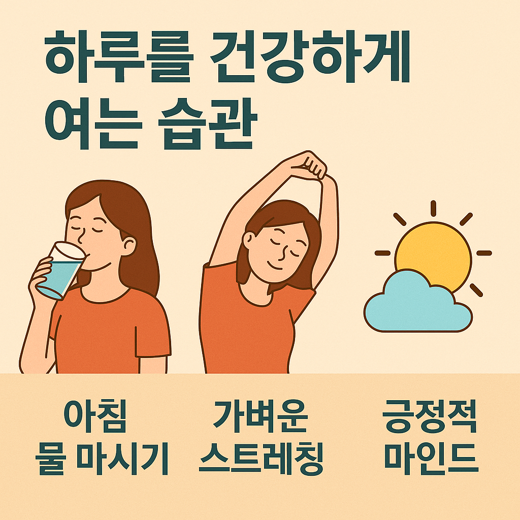 하루를 건강하게 여는 습관, 아침 물 마시기, 가벼운 스트레칭, 긍정적 마인드