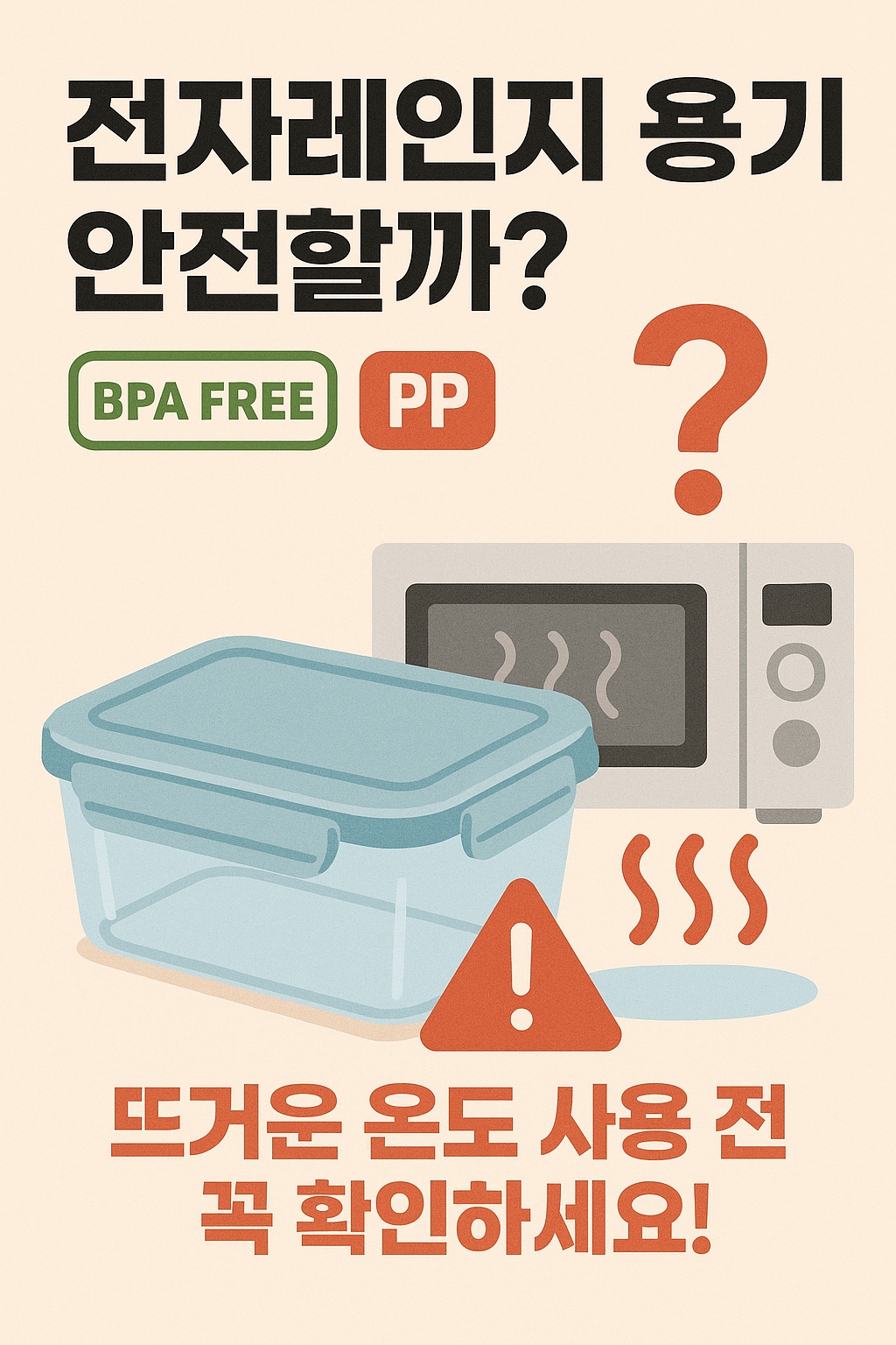 전자레인지 용기 사용 시 BPA FREE, PP 표시 확인과 뜨거운 온도 사용 주의 문구가 강조된 인포그래픽 이미지