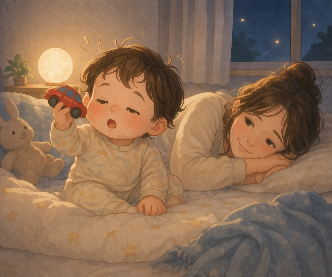 A drowsy toddler holding a toy car with half-closed eyes while lying in a dark room, capturing the overtired yet restless state that makes bedtime a challenge.