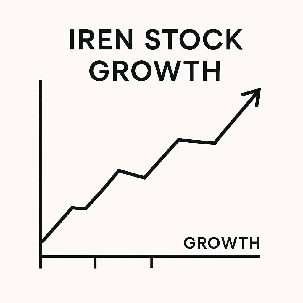 아이렌(IREN) 주식의 성장 추세를 보여주는 미니멀한 금융 인포그래픽 — 상승 화살표와 단순한 선 그래프 구성