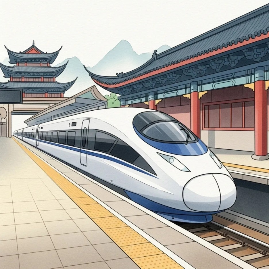 고속철도를 타고 부용진역에 도착하는 모습