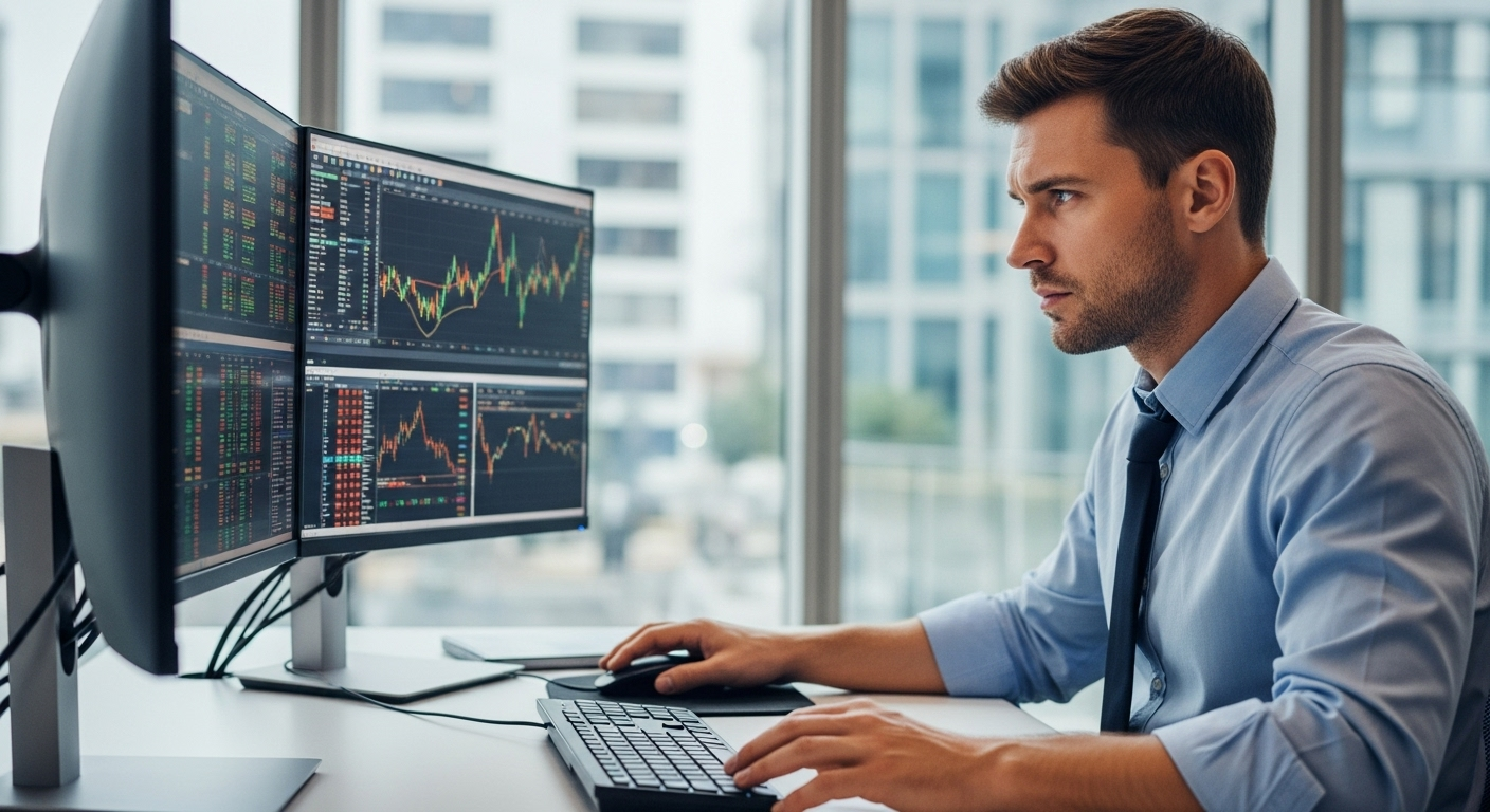 공매도 데이터를 분석하며 시장의 흐름을 살펴보는 현실적인 금융 분석가의 모습