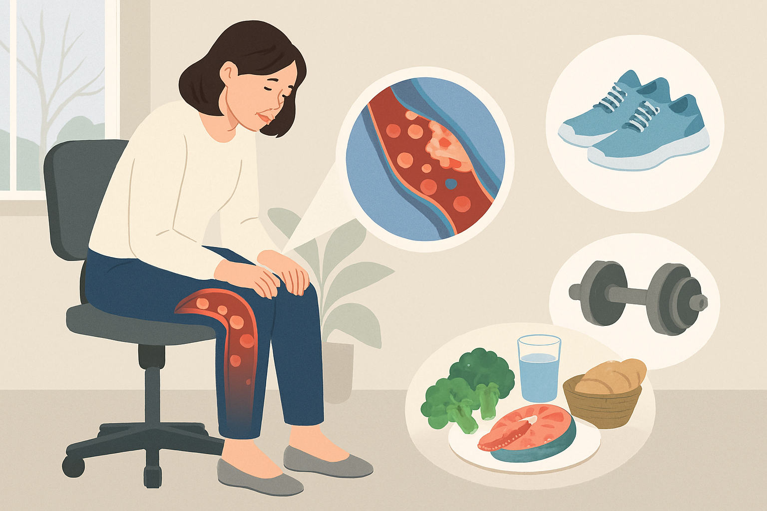 오래 앉아 있는 생활과 운동 부족으로 혈액 순환이 떨어진 모습