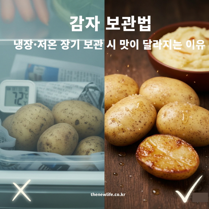 감자를 저온에서 장기 보관하면 맛이 달라지고 식감이 물러지는 저온당화 현상을 설명하는 비교 이미지