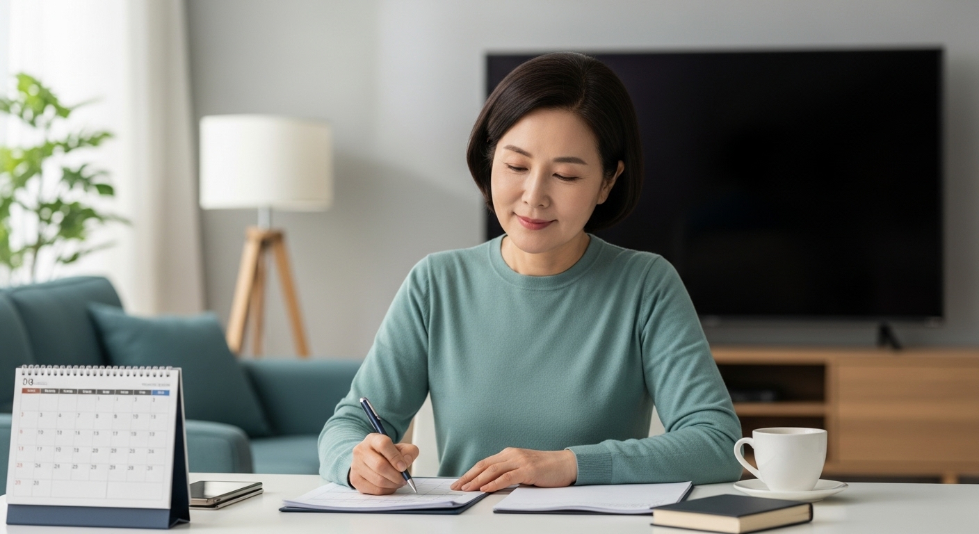 블로그 수익 분석을 정리하는 중년 여성