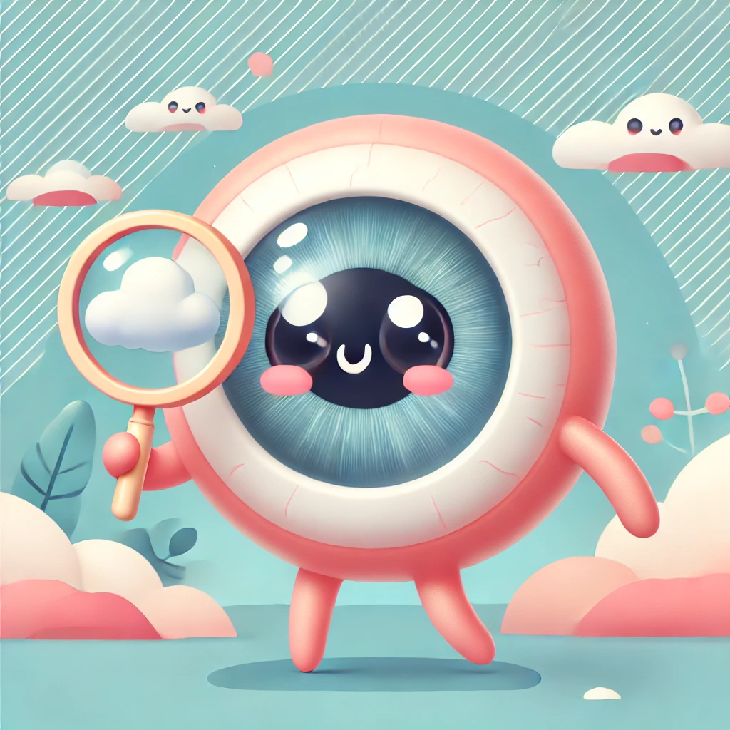 눈동자 캐릭터가 돋보기를 들고 있는 모습의 일러스트