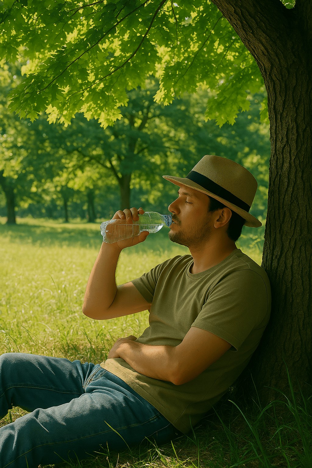 무더운 여름 시원한 나무 그늘 아래에서 쉬는 사람