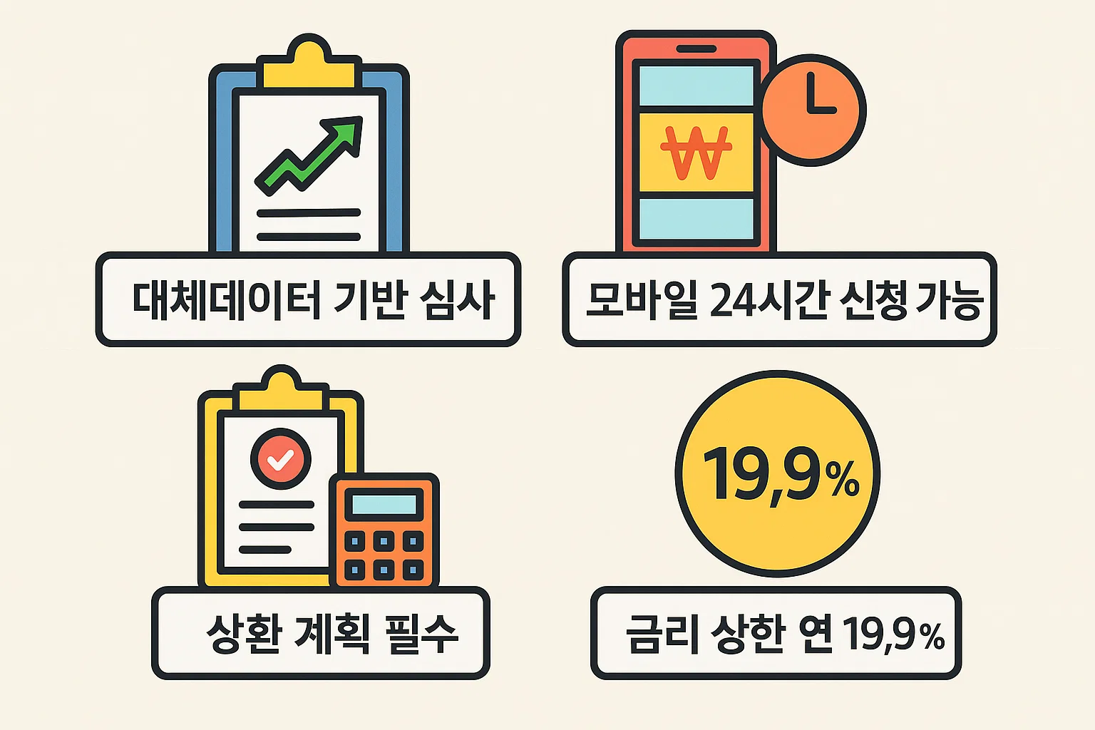 대체데이터 기반 심사, 모바일 24시간 신청 가능, 상환계획 필요성, 금리 상한 등 sbi저축은행 무직자대출의 핵심 특징과 주의사항을 정리한 인포그래픽입니다.