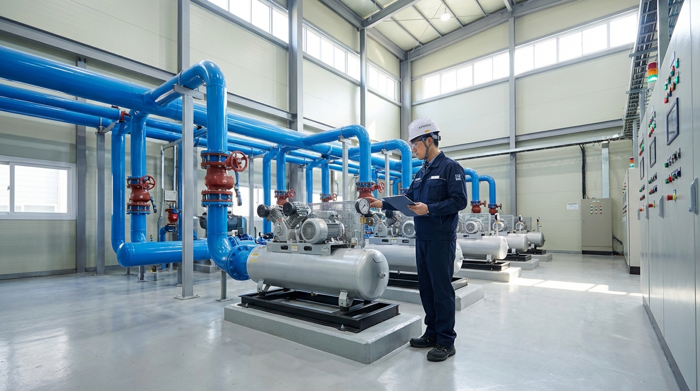 현대적인 공장 유틸리티실에서 설비 압력을 점검하고 있는 시설관리 전문가의 모습