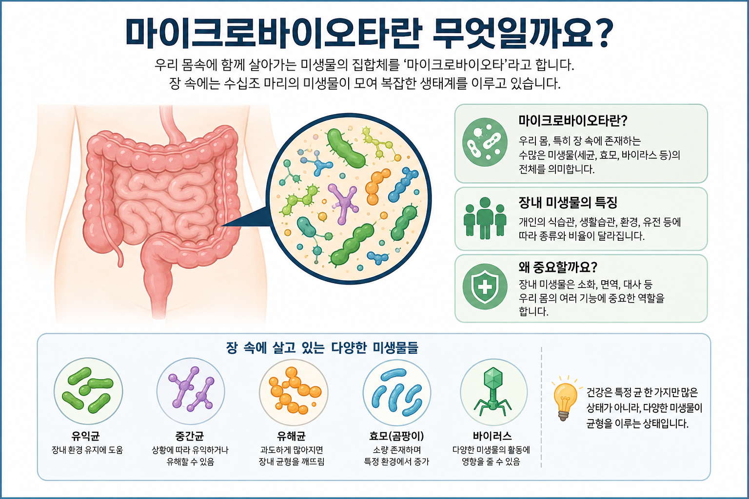 장 구조와 세균&middot;효모&middot;바이러스를 그린 마이크로바이오타 개념도