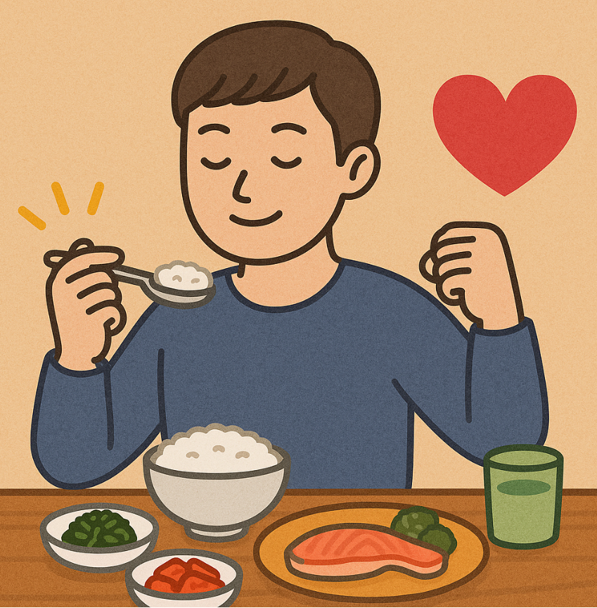 남성이 혼자 식사하며 행복한 미소를 짓고 있는 이미지