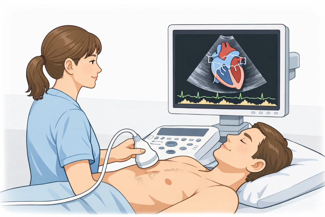 심장 초음파 검사로 심장 구조와 혈류를 영상으로 확인하는 진료 장면