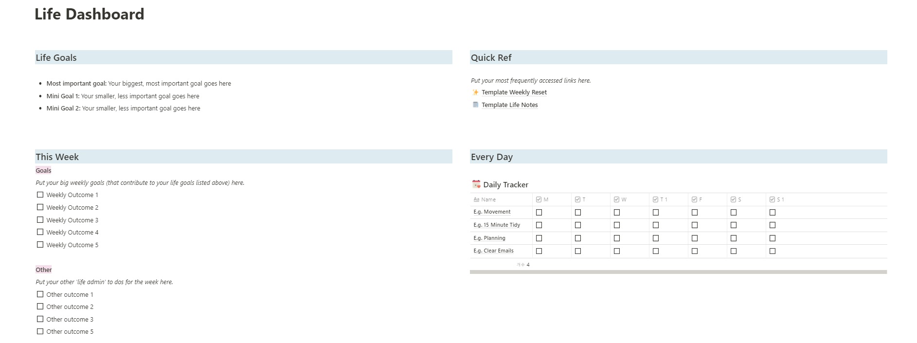 MuchelleB's Life Dashboard의 제일 위쪽화면