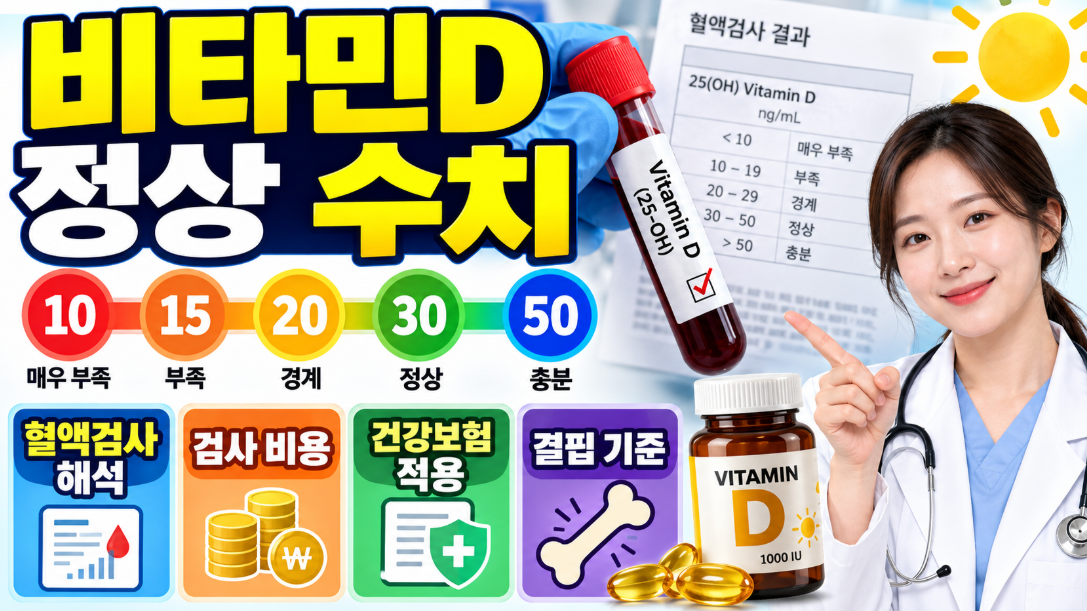 비타민D 정상 수치 총정리｜10&middot;15&middot;20&middot;30&middot;50 혈액검사 해석&middot;검사 비용&middot;건강보험 적용&middot;결핍 기준