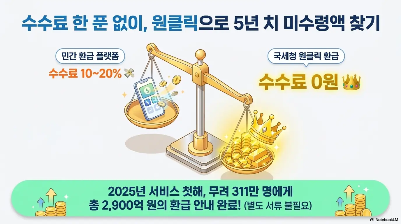 종합소득세 환급일: 민간 환급 플랫폼(수수료 10~20%)과 국세청 원클릭 환급(수수료 0원)을 저울로 비교하고 2025년 서비스 첫해 311만 명 대상 2900억 원 환급 안내 실적을 보여주는 인포그래픽 이미지. 이 이미지는 국세청 원클릭 환급 서비스의 무료 이용 장점을 시각적으로 전달하며&amp;#44; 블로그의 원클릭 환급 서비스 안내와 관련된 내용을 설명함
