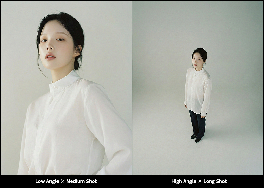 Low Angle Medium Shot과 High Angle Long Shot 조합 비교 이미지_Nano Banana