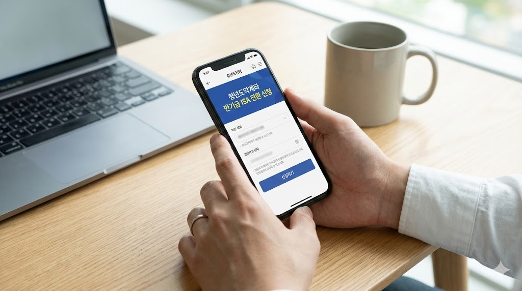 스마트폰을 이용해 청년도약계좌 만기금을 ISA로 이체 신청하는 화면