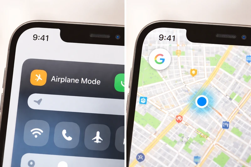 분할 화면으로 구성된 스마트폰 클로즈업 이미지. 한쪽에는 비행기 모드가 켜진 화면이 보이고, 다른 한쪽에는 구글 지도에서 파란 GPS 위치 점이 정확하게 표시된 지도가 보인다.