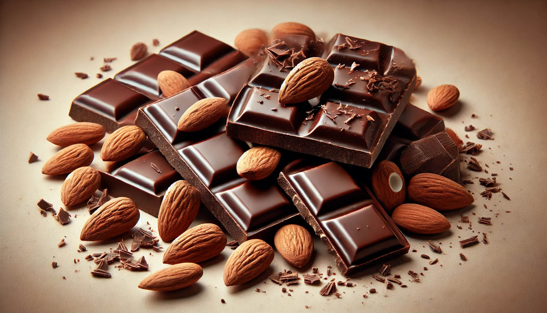 위 이미지는 다크 초콜릿과 아몬드의 맛있는 조합을 가로로 보여줍니다. 다크 초콜릿 조각과 아몬드가 어우러진 모습이 잘 나타나 있어, 맛과 영양의 균형을 맞춘 간식으로 적합합니다. 다크 초콜릿의 진한 색상과 아몬드의 밝은 갈색이 대비를 이루며 각자의 질감을 돋보이게 합니다.