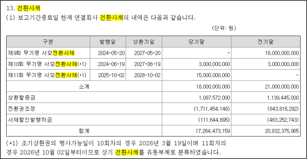 H사 연결감사보고서 주석 전환사채 내역자료