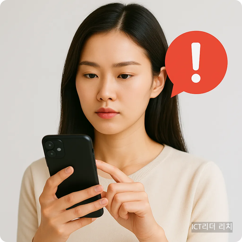 스마트폰 화면을 응시하는 여성과 경고 말풍선 아이콘
