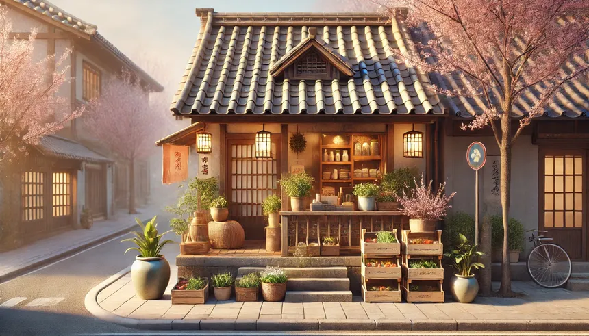 봄날 정겨운 골목에 있는 소상공인 가게의 평화로운 풍경