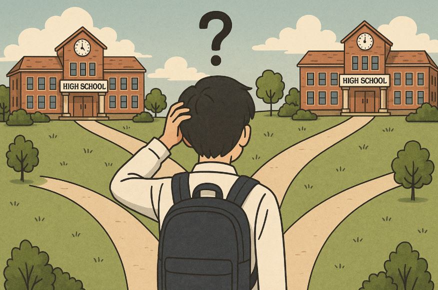 고등학교를 정하는 갈림길에서 고민하고 있는 학생