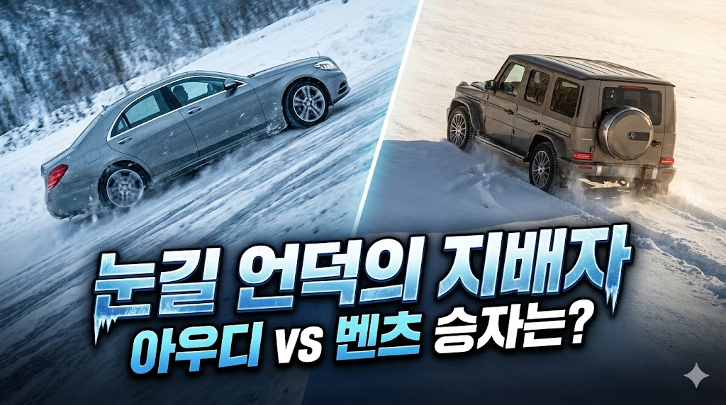 눈 덮인 언덕길에서 미끄러지는 세단과 잘 올라가는 SUV의 대비