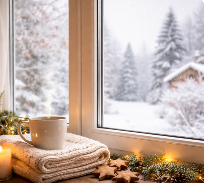 겨울 눈 내리는 풍경과 따뜻한 실내 창가의 머그컵
