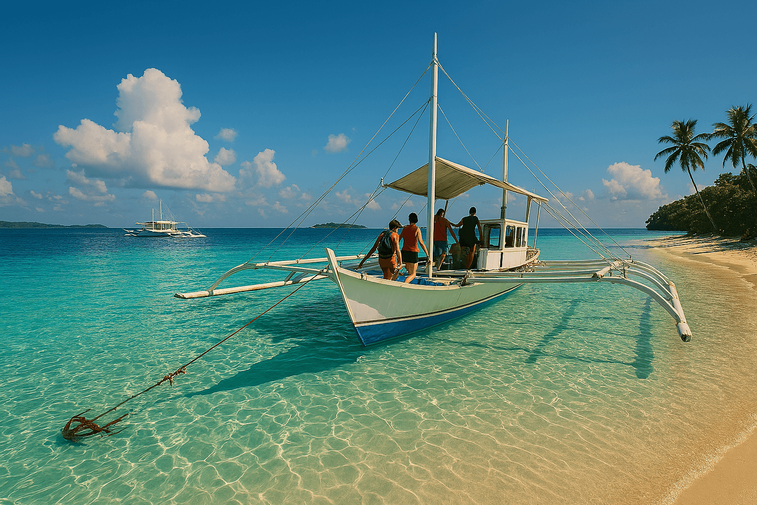 세계적으로 유명한 보라카이 화이트 비치에서 돛단배를 타고 노을 지는 필리핀 바닷가를 배경으로 선셋 세일링을 즐기는 모습. 낭만적인 분위기를 자아낸다.