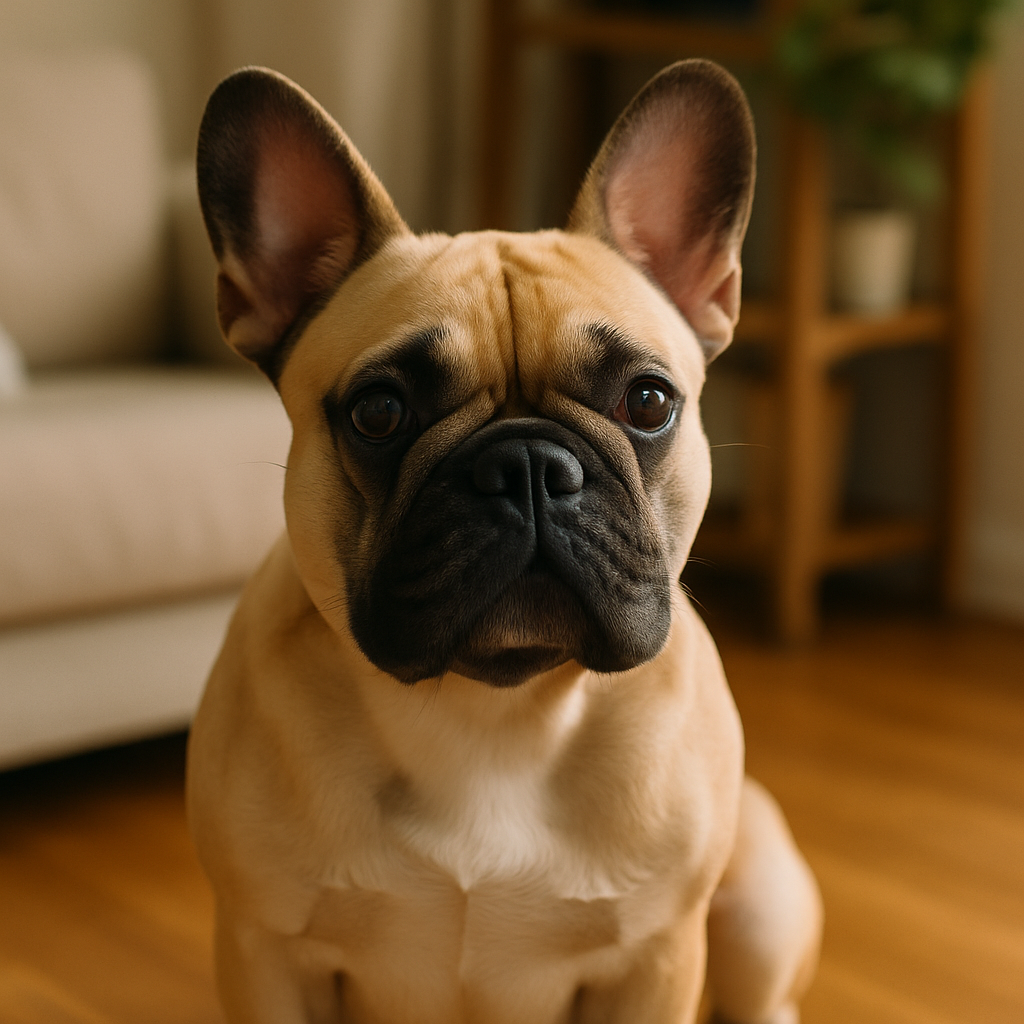 집 안에서 프렌치 불도그 1마리가 앉아서 앞을 보고 있음.