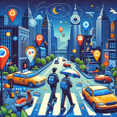 야경 속 도시에서 도보자와 차량이 위치 아이콘과 함께 표시된 장면