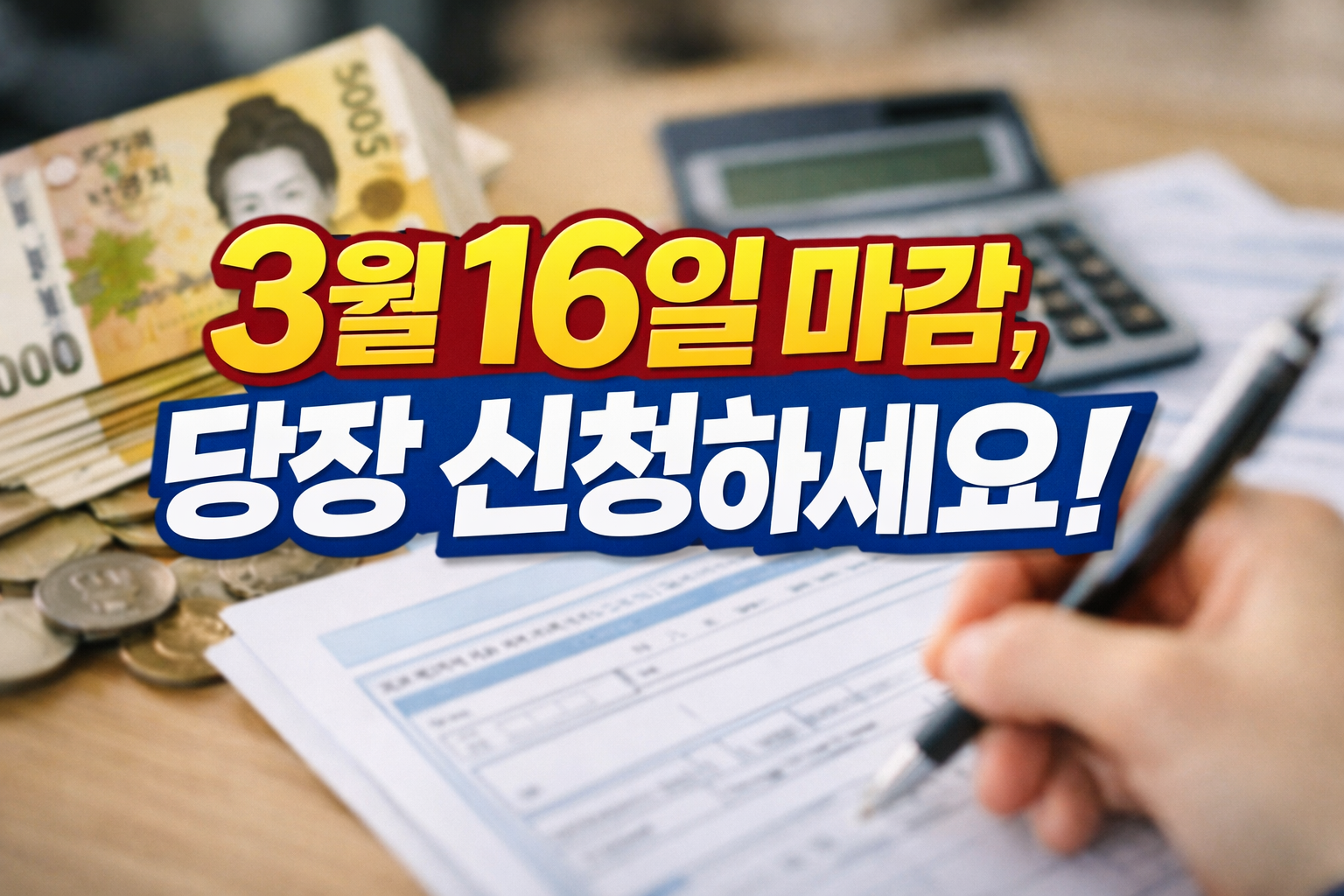3월 16일 마감 근로장려금 반기신청 안내 문구와 계산기, 현금, 신청서 작성 장면