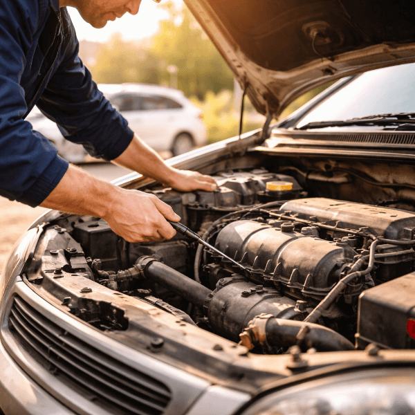 오래된 차량 엔진 점검 장면