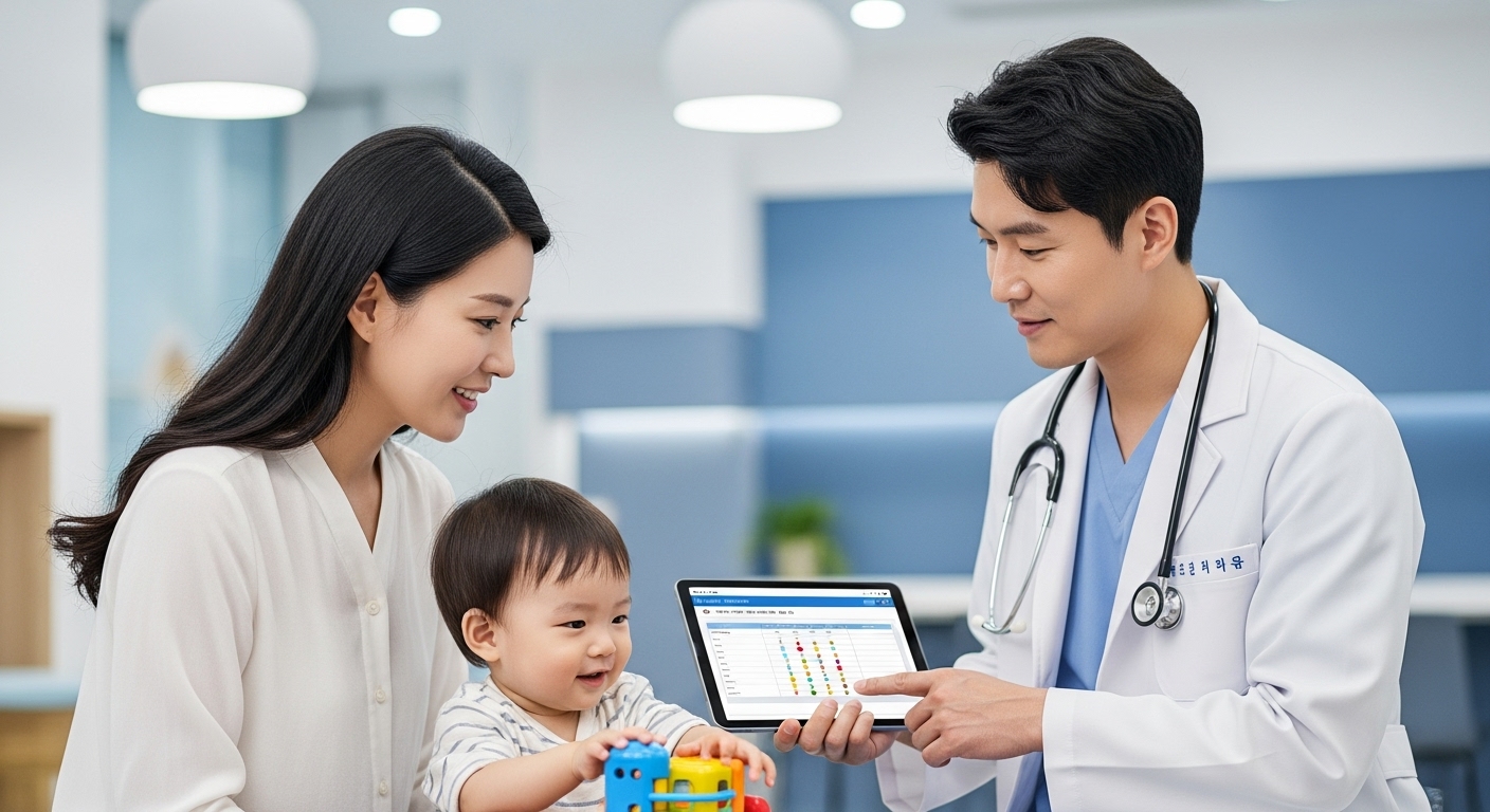 영유아 건강검진 시기별 가이드를 전문가와 상담하며 아이의 건강을 확인하는 한국인 가족.