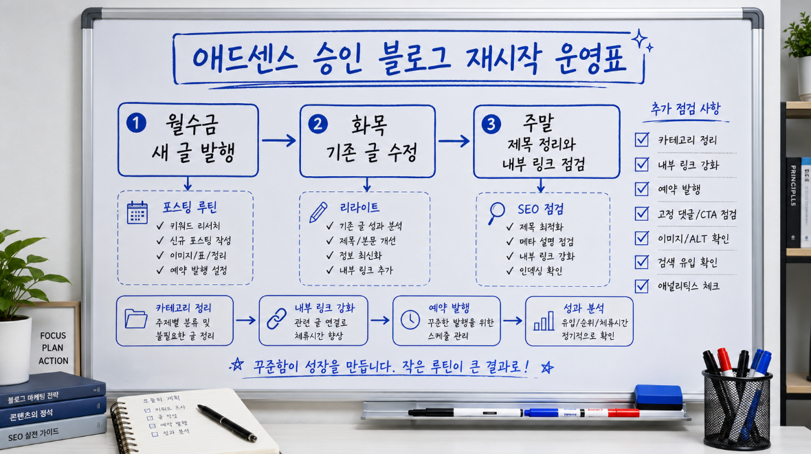 애드센스 블로그 재시작을 위한 새 글 발행과 기존 글 수정 주간 루틴표 이미지