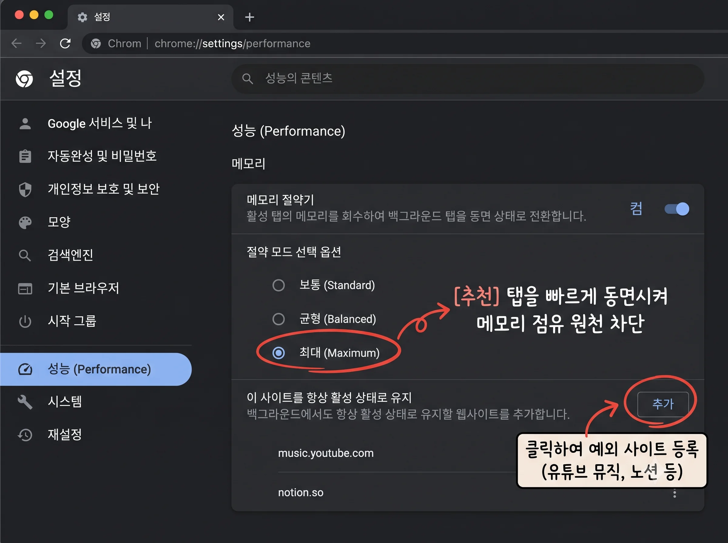 크롬 설정 성능 메뉴 메모리 절약기 최대 모드 및 비활성 탭 예외 사이트 등록