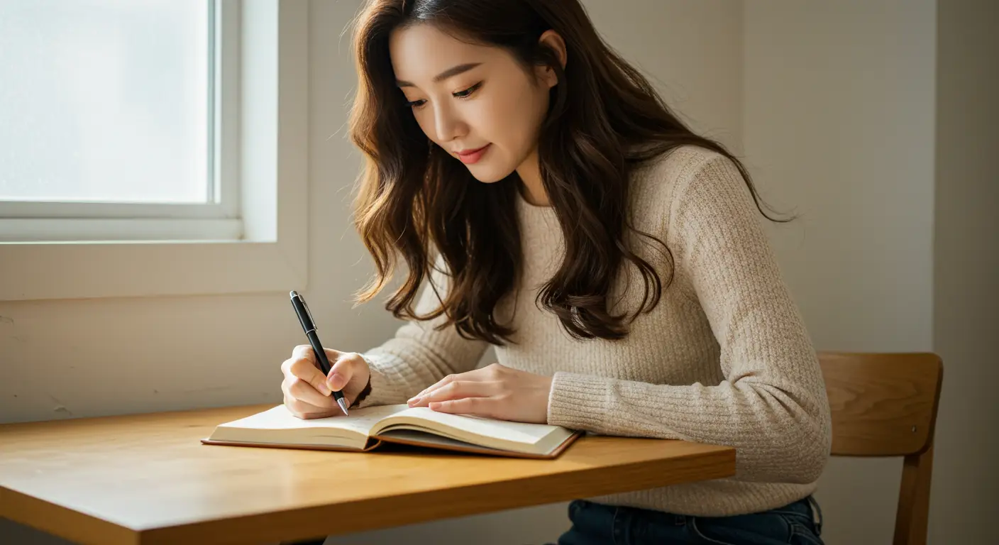 노트에 기록을 하는 여성