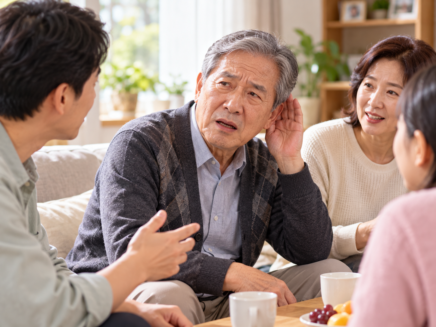 가족의 말을 잘 듣지 못해 다시 묻는 60~70대 어르신의 자연스러운 모습