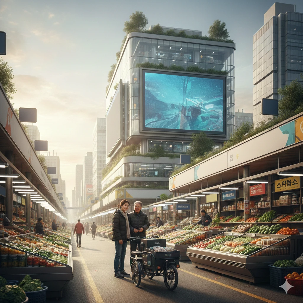 새벽배송 중단 이후 대형 물류 시스템과 활기찬 지역 상권이 공존하는 모습을 담은 개념적 이미지
새벽배송 중단 이후 대형 물류 시스템과 활기찬 지역 상권이 공존하는 모습을 담은 개념적 이미지