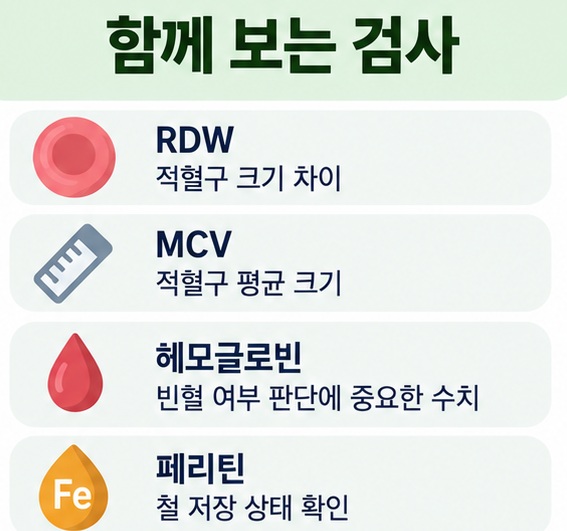 RDW MCV 헤모글로빈 페리틴이 각각 무엇을 의미하는지 표로 정리한 이미지