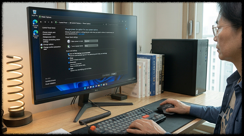 Windows 전원 옵션에서 빠른 시작 기능을 끄는 모습
